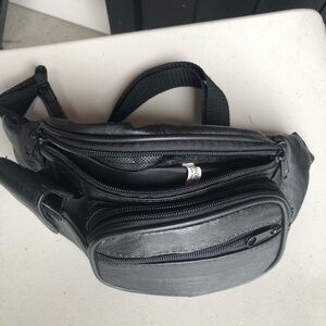 Black Leather Waist Pack for Men’s Classic Belt Bag 4 Zippers Pockets.